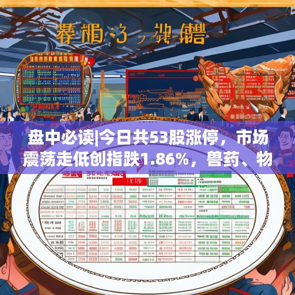 盘中必读|今日共53股涨停，市场震荡走低创指跌1.86%，兽药、物流板块逆势大涨