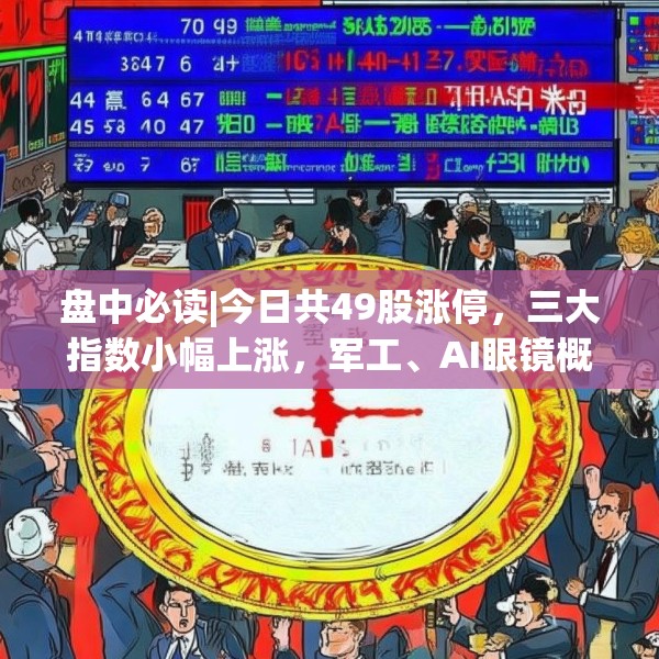 盘中必读|今日共49股涨停，三大指数小幅上涨，军工、AI眼镜概念领涨